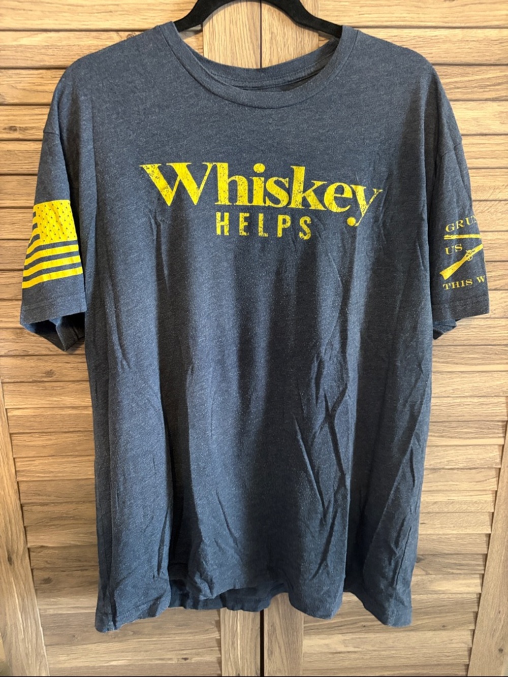 Grunt Style Charcoal Tee with Yellow "Whiskey Helps" Graphic